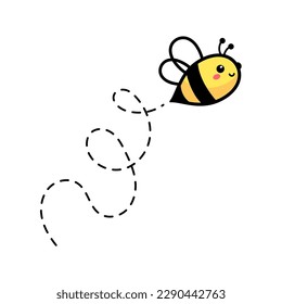 cartoon cute little bee flying on the dotted line to find sweet honey