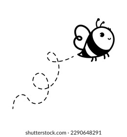 cartoon cute little bee flying on the dotted line to find sweet honey