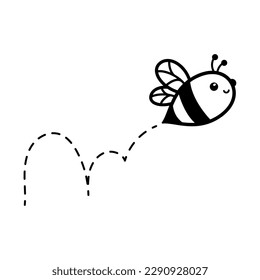 cartoon cute little bee flying on the dotted line to find sweet honey