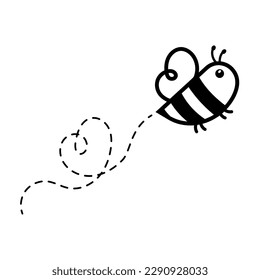 cartoon cute little bee flying on the dotted line to find sweet honey