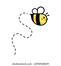 cartoon cute little bee flying on the dotted line to find sweet honey