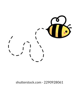 cartoon cute little bee flying on the dotted line to find sweet honey