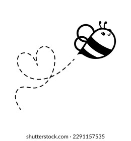 cartoon cute little bee flying on the dotted line to find sweet honey