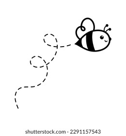 cartoon cute little bee flying on the dotted line to find sweet honey