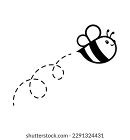 cartoon cute little bee flying on the dotted line to find sweet honey