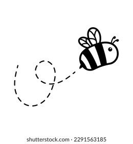 cartoon cute little bee flying on the dotted line to find sweet honey