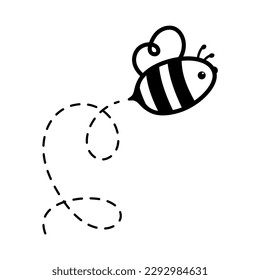 cartoon cute little bee flying on the dotted line to find sweet honey