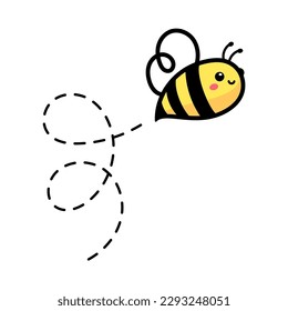 cartoon cute little bee flying on the dotted line to find sweet honey