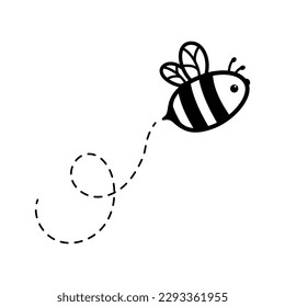 cartoon cute little bee flying on the dotted line to find sweet honey