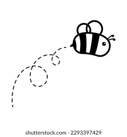 cartoon cute little bee flying on the dotted line to find sweet honey