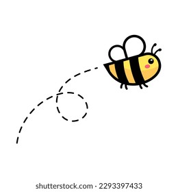 cartoon cute little bee flying on the dotted line to find sweet honey