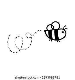 cartoon cute little bee flying on the dotted line to find sweet honey