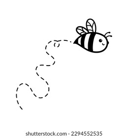 cartoon cute little bee flying on the dotted line to find sweet honey