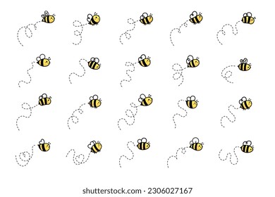 cartoon cute little bee flying on the dotted line to find sweet honey