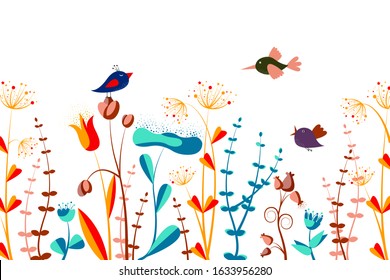 Cartoon cute little birds among multicolored unusual flowers on white background. natural floral background