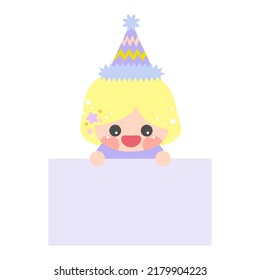 Cartoon cute little birthday hat princess elf holding light purple memo. Frame for photo, text, note, label. Little fairy to-do list card. Isolated on white background, vector, illustration, EPS10