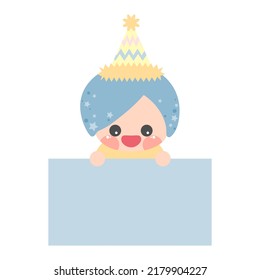 Cartoon cute little birthday hat prince elf holding light blue memo. Frame for photo, text, note, label. Little fairy to-do list card. Isolated on white background, vector, illustration, EPS10