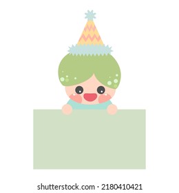 Cartoon cute little birthday hat prince elf holding light green memo. Frame for photo, text, note, label. Little fairy to-do list card. Isolated on white background, vector, illustration, EPS10