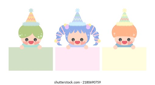Cartoon cute little birthday hat prince princess elf holding memo set. Frame for photo, text, note, label. Little fairy to do list card collection. Isolated on white background, vector, EPS10