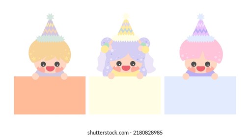 Cartoon cute little birthday hat prince princess elf holding memo set. Frame for photo, text, note, label. Little fairy to do list card collection. Isolated on white background, vector, EPS10