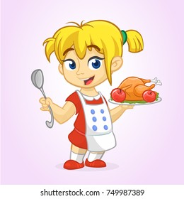 Cartoon cute little blond girl in apron serving roasted thanksgiving turkey dish holding a tray and spoon. Vector illustration isolated. Thanksgiving design