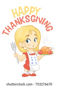 Cartoon cute little blond girl in apron serving roasted thanksgiving turkey. Vector poster illustration isolated. Thanksgiving design