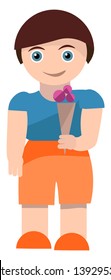 Cartoon cute little boy in blue shirt and orange trousers is happy about the thought of enjoying the cone ice cream that he holds while standing  vector  color drawing or illustration