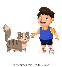 cartoon of a cute little boy with a fat cat