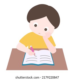 Cartoon cute little boy focus on reading book and writing notes in classroom. Child back to school series. Isolated on white background, flat design, vector, illustration, EPS10