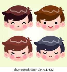 Cartoon Cute Little Boy Head Avatar Face Positive Emotions Set Stock Vector