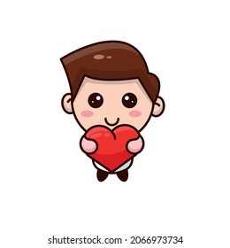 Cartoon Cute Little Boy Holding Heart.kawaii Little Boy with Heart