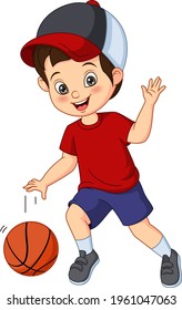 Cartoon cute little boy playing basketball