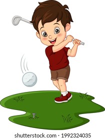 Cartoon Cute Little Boy Playing Golf Stock Vector (Royalty Free ...