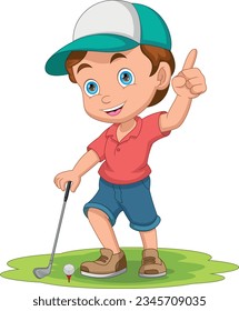 cartoon cute little boy playing golf