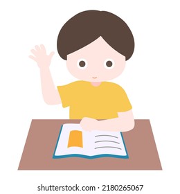 Cartoon cute little boy reading book and raising his hand for questions in classroom. Child back to school series. Isolated on white background, flat design, vector, illustration, EPS10