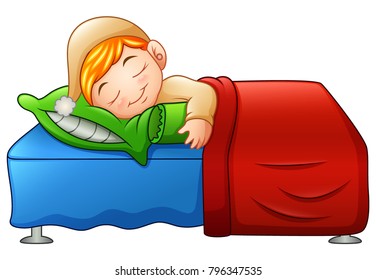 Cartoon cute little boy sleeping in bed