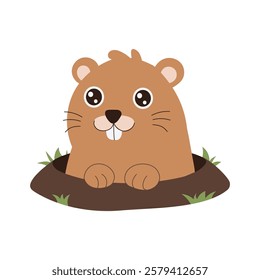 A cartoon of a cute little brown animal with a big smile on its face. It is sitting in a hole