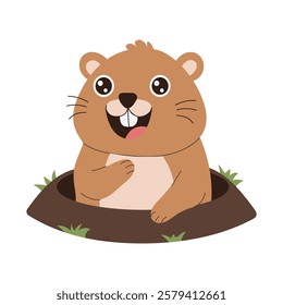 A cartoon of a cute little brown animal with a big smile on its face. It is sitting in a hole and it is happy