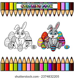 Cartoon Cute little bunny with Easter egg for coloring book