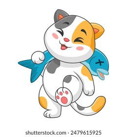 cartoon cute little cat happily carrying a big fish