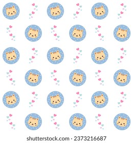 Cartoon cute little cat seamless pattern vector. Cute orange cat face in a blue circle with a light background. colorful hearts in that background.
