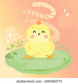 Cartoon cute little chick and worm in colorful background. Vector stock illustration
