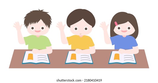 Cartoon cute little children reading book and raising their hands for questions in classroom. Child back to school series. Isolated on white background, flat design, vector, illustration, EPS10