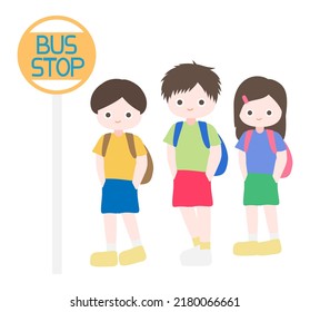 Cartoon cute little children set, waiting bus and standing with their hands in pocket. Child back to school series. Isolated on white background, flat design, vector, illustration, EPS10