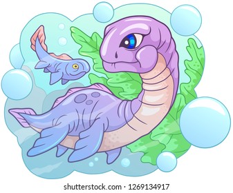 cartoon cute little dinosaur plesiosaurus, funny illustration