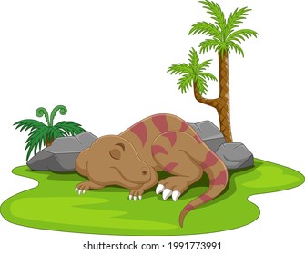 Cartoon cute little dinosaur sleeping in grass