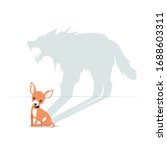 Cartoon cute little dog having horrible beast shadow isolated on white background. Funny domestic animal having angry wolf reflection vector graphic illustration. Concept of dark side of personality