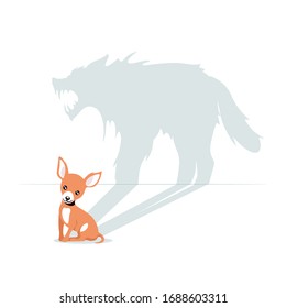 Cartoon Cute Little Dog Having Horrible Beast Shadow Isolated On White Background. Funny Domestic Animal Having Angry Wolf Reflection Vector Graphic Illustration. Concept Of Dark Side Of Personality