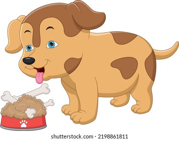 cartoon cute little dog with lots of food