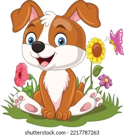 Cartoon cute little dog sitting in the grass